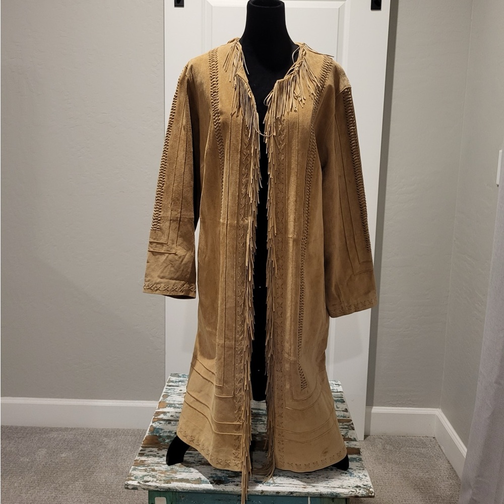 Camel color suede leather midi length western fringe jacket!